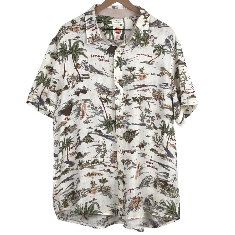 C&C CALIFORNIA 100% Linen Tropical Scenic Hawaiian Camp Shirt Men's XXL Ivory